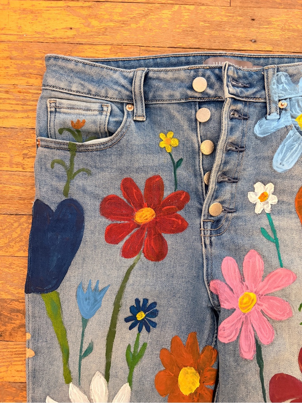 Hand painted multi color flower high rise stretchy jeans -size 29/8, hippie boho - Picture 2 of 9